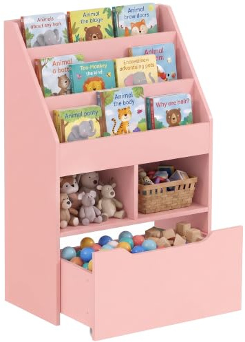 HOMCOM Bibliothèque Multi-Rangement 3 Étagères 2 Niches Bois Rose | Bibliotheque Bebe, Étagère de Rangement, Grand Tiroir