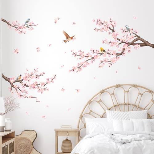 Decvictor Stickers Muraux Branche de cerisier rose Autocollant Mural Fleurs Oiseaux Decoration Murale pour Chambre Salon Allée Bureau Canapé Fond TV Mur