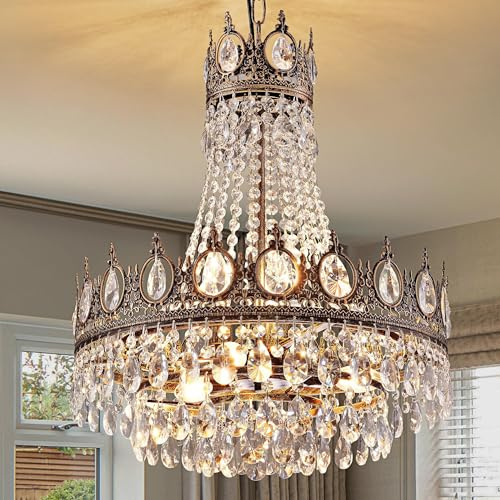 TOCHIC French Empire Crystal Chandelier 6-Light Farmhouse Antique Bronze Chandelier Vintage Rustic Ceiling Light Fixture for Dining Living Room, Bedroom, Kitchen Island, Bathroom, Foyer, 19 W
