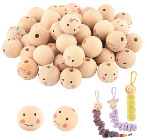 PH PandaHall 50pcs Holzperlen mit Gesicht 25mm Holz Perlen Naturholzperlen Runde Holz Perlen Mit Lächelngesicht Für DIY Schlüsselanhänger, Makramee, Engel, Handwerk Und Schmuckherstellung, 5.5mm Loch
