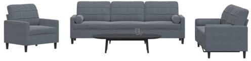 qohoio 3-TLG. Sofagarnitur mit Kissen Sofa Wohnzimmer Sitzgruppe Wohnzimmer Sofa Set Sofas FüR Wohnzimmer und Nackenrollen Dunkelgrau Samt - 3278452