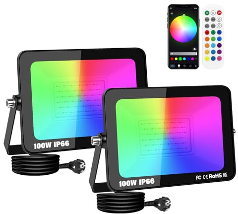 SKYWORLD 2 x 100W RGB LED Strahler mit APP Steuerung, 10000LM RGBW Strahler | Farbwechsel Flutlicht, Smart Dimmbar Timer Bunt Fluter mit Stecker Wasserdicht für Party Garten Baum Landschaft Disco Feiern