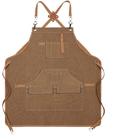 GSHUPIOU Holzschürze, Werkzeugschürze, Werkzeugschürze for Herren, wasserdichte Unisex-Arbeitsschürze aus Canvas, Tischlerschürze mit Werkzeugtasche for Werkstatt, Küche, Garten(Bruin)