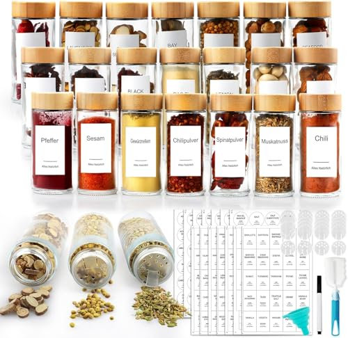 Kiousrm 24 Gewürzgläser Rund 4oz Gewürzgläser Set mit Streueinsatz, 1 Silikon Trichter 1 Reinigungsbürste Etiketten & Kreidestift für Küche