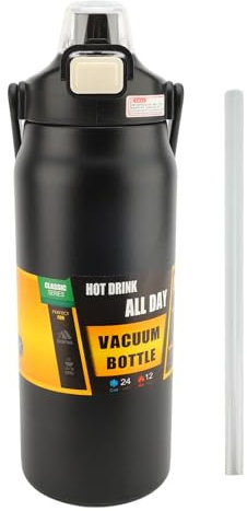 Pilipane Botella deportiva aislada Botella de agua aislada de vacío de pared de gran capacidad con mango de paja para el gimnasio de gimnasia senderismo 304 acero inoxidable negro 1200ml
