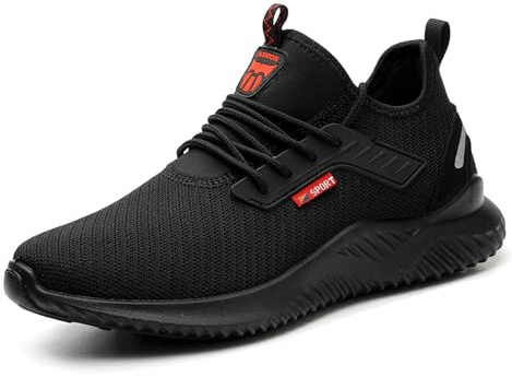 BVTUD Safety Trainers Men Womens Steel Toe Trainers Lightweight Safety Shoes Breathable Work Trainers Comfortable Work Shoes Black, 7 UK