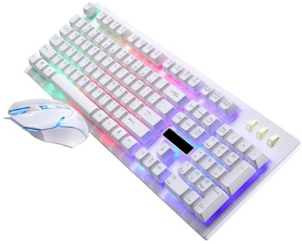 Set Tastiera e Mouse Cablato Usb, 104 Tasti, Plastica | Bianco, Tasti Luminosi Resistenti All’usura, 4 Tasti Sul Mouse, per Gamer