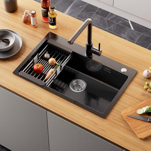 ANYCEE Évier en acier inoxydable noir, 70x45cm avec égouttoir, évier encastrable avec siphon et trop-plein. Convient pour les plans de travail d'une largeur supérieure à 80cm
