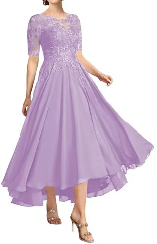 Vestido de noche formal de gasa con apliques de encaje y mangas cortas para mujer, para madre de la novia, vestido de invitada de boda, Lila, 42