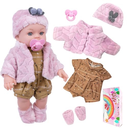 30cm New Baby Puppe mit 5 Pcs Puppenkleidung Enthält Rosa Plüschmantel Braune Latzhose Rosa Plüschmütze und Socken Schnuller,Baby Puppen Spielzeug Set für Mädchen Jungen Geburtstag Geschenk