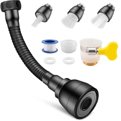 Wasserhahn Verlängerung Küche Schwarz matt, 17,2 cm Verlängerung Wasserhahn, mit 3 Wasserstrahlarten,360° drehbar Wasserhahnn Aufsatz Küche mit Wasserhahni Adapter für Badezimmern,Toiletten,Balkonen