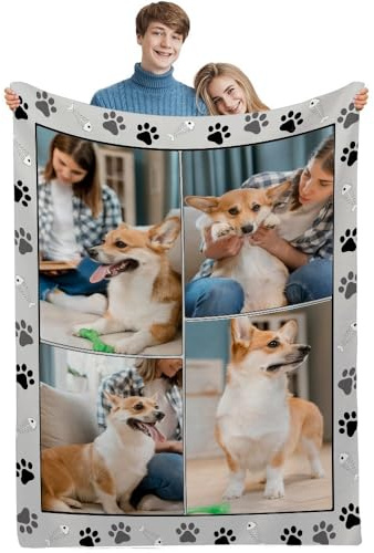 jklitio Personalisierte Hundedecke mit Fotos, individuelle Haustier-Namensdecke, Hundegeschenke für Welpenliebhaber, individuelle Welpendecke, Geschenk für Bett, Sofa, Reisen, 4 Fotos