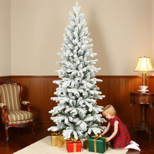 HOMCOM 7ft Flocked Christmas Tree, Hinged Pencil, Narrow, Green White | Christmas Tree with 972 Tips, Realistic Branches, Easy Assembly, Artificial Xmas Home Decoration