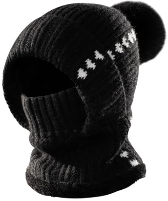 TAGVO Herzförmige Strickmütze und Schal mit Kapuze Damen, 3 in 1 Winter Winddicht Thermo Beanie Strickmütze mit Weichem Fleece Innenfutter, Sturmhaube Gesichtsmaske mit Halswärmer für Outdoor Wandernd