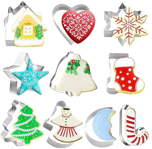 LQUYTA Formine per Biscotti di Natale, 10 Pezzi Stampo Biscotti Natalizi in Acciaio Inox, DIY Cottura Decorazioni Dolci Biscotti per Babbo Natale, Fiocco di Neve, Renna, Albero
