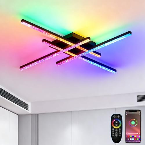 KZT LED Deckenleuchte Dimmbar RGB Farbwechsel Deckenlampe mit Fernbedienung 70CM Moderne Schlafzimmerlampe Schwarz 45W Kristall Deckenbeleuchtung für Schlafzimmer Wohnzimmer Küche, App-Steuerung