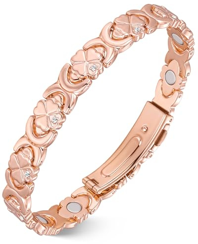 Jeracol Bracelet en cuivre pur pour femme, bracelet en cuivre avec aimants et cristaux brillants, cadeau bijoux (or rose)
