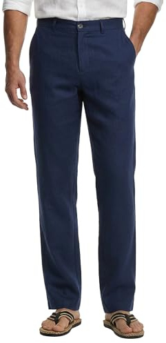 HISDERN Pantalon Homme Lin Bleu Marine de Travail Été Pantalons Léger Homme Habillé Décontractés Coton Casual à Boutons et Poches, L