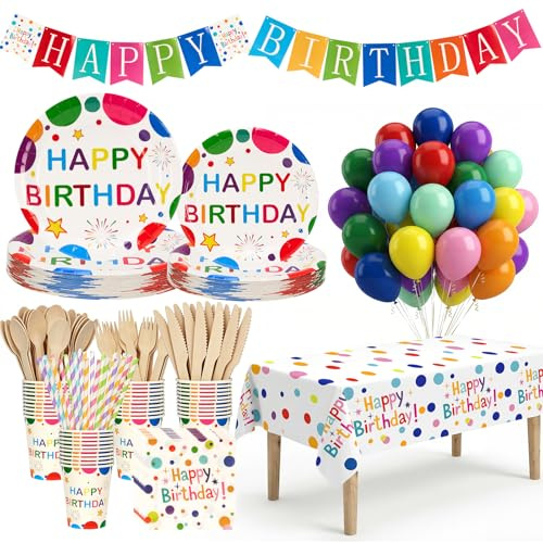 212 Rainbow Birthday Paper Plates Set, Party Plates Cups and Napkins, Straws, Birthday Party Decorations, Rainbow Afternoon Tea Decorations Paper Material (30 Guests)