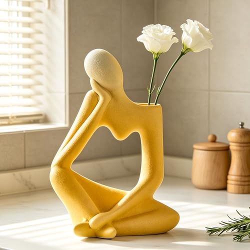 Busnos Gelb Denker Keramik Vase Deko Wohnzimmer Vintage Vase Wohnzimmer Pampasgras Deko Aesthetic Boho Modern Keramik Vasen für Schminktisch Couchtisch Schlafzimmer Kleine Vasen