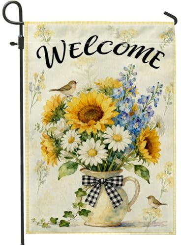 Drapeau de jardin tournesol, campagne rustique chrysanthème jacinthe jaune printemps toile de jute double face petit drapeau de jardin pour extérieur, terrasse, pelouse, porche, entrée, camping 30,5 x