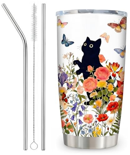Insulated Travel Mug for Cat Lovers Gifts, 20oz Stainless Steel Cat Tumbler | Flower Field Black Cat Cup with Straw and Lid, Cat Lover Gift Tumbler for Hot Drinks & Ice Coffee