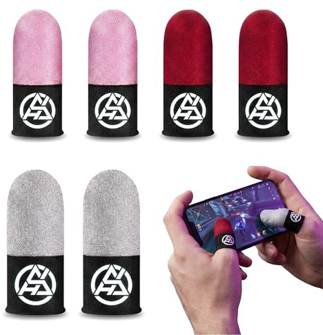 3 Paar Leuchteffekt Gaming Fingerhülsen Set, je 1 Paar Rot / Rosa / Grau | 6 Stück Atmungsaktive schweißfeste rutschfeste Daumenhülsen Touchscreen Finger Sleeves für Smartphone Mobile Gaming