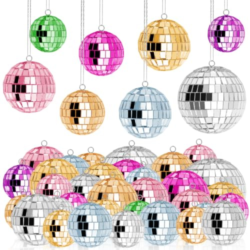 37 stycken färgade spegelkulor, mini discokula rosa blå grön, dekorativ discokula, små discokulor att hänga upp för julgran, bröllop, hem, fest, födelsedagsfest, dekoration