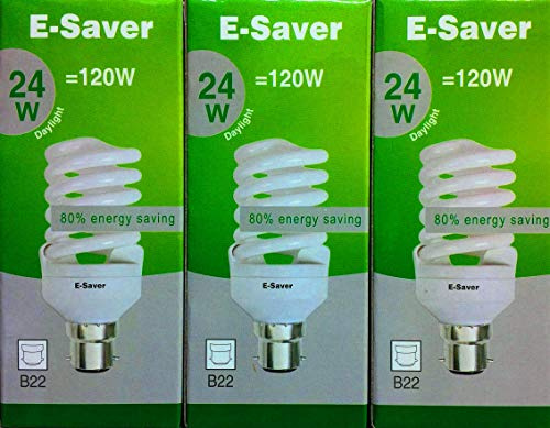 E-Saver - CFL Full Spiral - Energy Saving Light Bulbs -24w = 120 Watt - (Pack of 3) - Daylight 6400k – Bayonet Light Bulb (B22- B22d) - Great for SAD - Snooker, Pool, Hobbies, Crafts, Photography