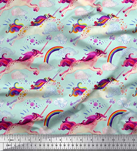 Soimoi Grun Baumwoll-Voile Stoff Wolken, Regenbogen und Einhorn Kinder Stoff Meterware 56 Zoll breit