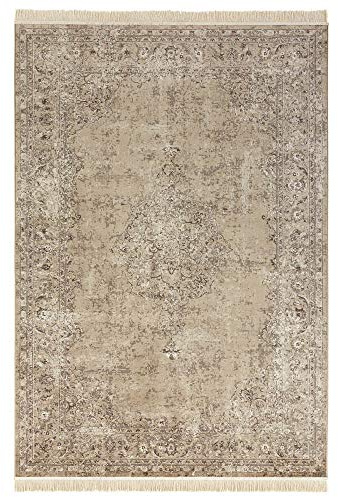 Nouristan Orientalischer Teppich – Wohnzimmerteppich mit Fransen Oriental Vintage Medaillon Naveh Samt-Teppich für Wohnzimmer, Schlafzimmer, Esszimmer, Küche, Flur – Olivgrün, 160x230cm