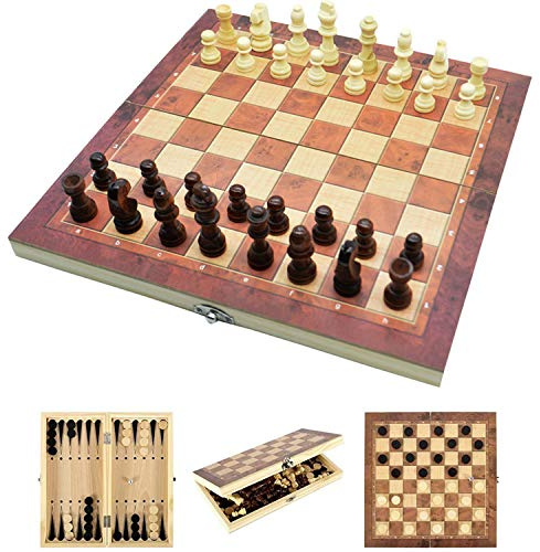 Jsdoin 3 in 1 Chess Set - 12x12, Wooden Travel Folding/Portable Chess Kit Cardboard Games for Kids, Adults, Boys, Girls, Family（29cmx29cm）