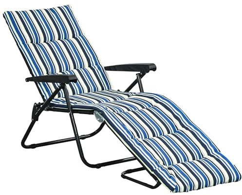 Outsunny Bain de Soleil Pliable transat inclinable 6 Positions Grand Confort avec Matelas + accoudoirs Acier Polyester Multicolore