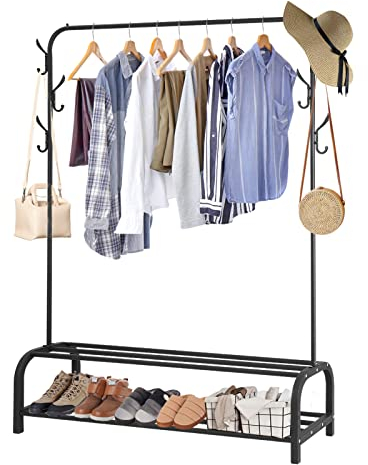 ColdShine Kleiderständer Metall Freistehender Kleiderständer Stabil Kleiderstange Mit Ablage Garderobenständer für Mäntel, Röcke, Hemden, Pullover, Schwarz