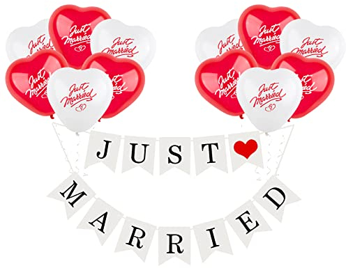 Decoración de Boda Guirnalda Just Married 12pcs Globos Forma Corazón Rojo y Blanco Banderín de Boda Globos Decorativos Adorno para Fiesta de Boda Despedida de Soltera Fiesta Compromiso Recién Casado