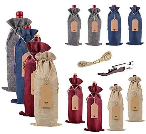 Penubuy Sackleinen Weinbeutel, 12er-Pack Wein Geschenk Beutel mit Geschenkanhänger/Kordelzug（Vier Farben-13,8x5,9 zoll）