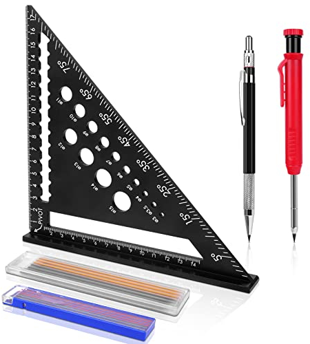 flintronic Zimmermannswinkel, 180 mm Winkelmesser Anschlagwinkel mit Tieflochmarker + Bleistiftminen, 45 90 Grad Winkel Anschlagwinkel Metall, 5-in-1 Aluminiumwinkel, Multifunktional Schreinerwinke