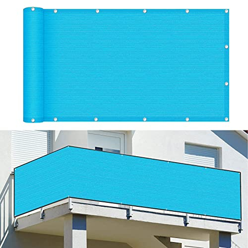 Balkon sichtschutz 75 x 350 cm Wind HDPE UV-Schutz Balkonsichtschutz Seitenmarkise mit Kabelbinder Ohne Bohren für Balkongeländer Garten, Blau