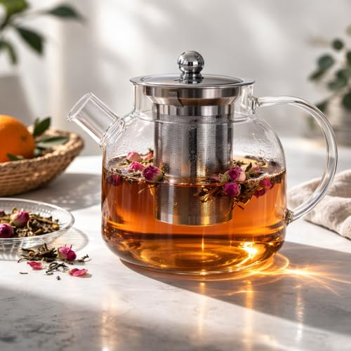 Eden & Willow Glass Teapot with Infuser | Stainless Steel Removable Infusers & Lid | Loose Leaf Tea Strainers | Large Capacity and Stovetop Safe Teapots for Kitchen (1.5L)