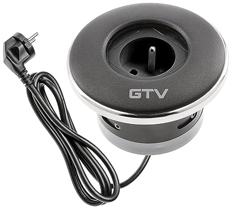 GTV - Möbelsteckdose SHUTTER, Einbausteckdose, 1x French Steckdose, mit Praktischer Verschluss, Kabellänge 1,5m, Farbe Schwarz, für Schreibtische, Tischplatte, Küchen und Büro