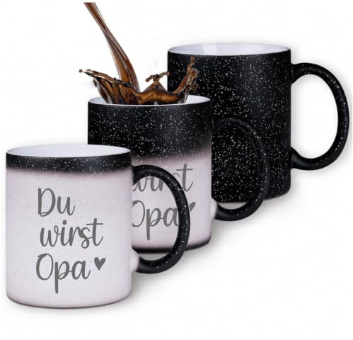 Farbwechsel-Tasse „Du wirst Opa“ – Zaubertasse mit Glitzer, Keramik 330 ml, Farbeffekt bei Hitze, Geschenkidee für werdende Großväter