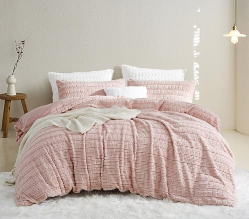 Lanqinglv Plüsch Bettwäsche 200x220 Kunstfell Rosa Flauschig Winterbettwäsche Warme Kuschelig Flanell Fleece Cashmere Touch Biber Bettbezug mit Reißverschluss und 2 Kissenbezug 80x80cm