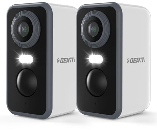 DEATTI Überwachungskamera Aussen Akku, 2K Kamera Überwachung Kabellos WLAN Außen/Innen, WiFi Kamera Outdoor mit PIR Bewegungsmelder, 2-Wege-Audio, Farbnachtsicht, IP66 Wasserdicht, Alexa, 2Pcs