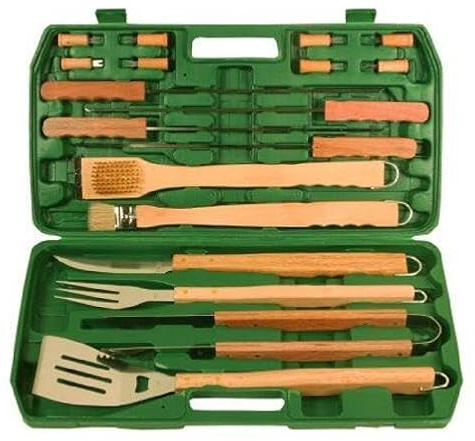 Grillbesteck mit Holzgriff, Edelstahl, Set (18-teilig), Koffer