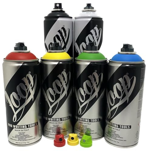KLAMOTTEN STORE Sprühdosen Loop Grundfarben mit schwarz & weiß - hochdeckendes Farbspray - 6x400ml + Astro Fat Cap