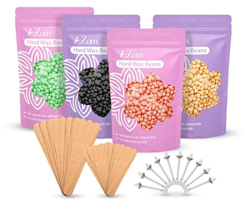 AZAM Hard Wax Beads for Hair Removal - Full Body 4X100G Painless Beans With 20 Applicators and 10 Nose Sticks - Professional for Eyebrow, Bikini