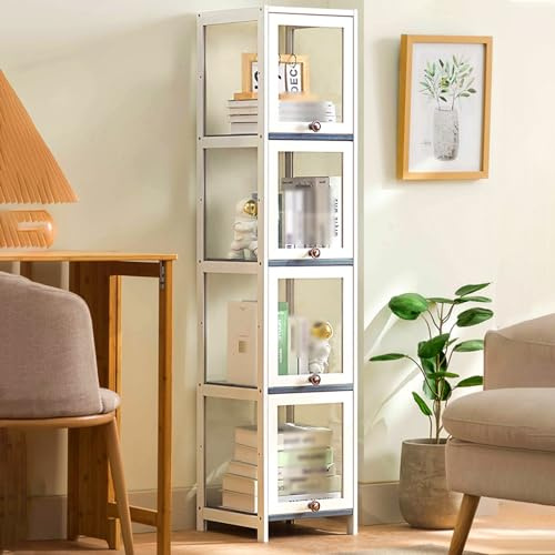 HARELA Curio Display Cabinet, Acrylic Display Case, Natural Bamboo Frame, High Capacity Storage, Flip-top Door, Modern Bookshelf, Quick Installation (Size: 140*30*32cm/55.1*11.8*12.6in, White)