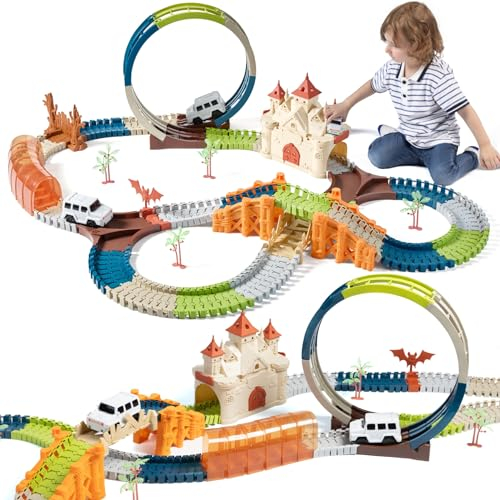 TUMAMA Kinder Rennstrecke Spielzeug, Geschenk für Kinder 3 4 5 6 7 Jahre alt Rennspielzeug, Rennstrecke Spielzeug Fahrzeuge mit Magic House, Tunnel, 2 leuchtende Elektroautos