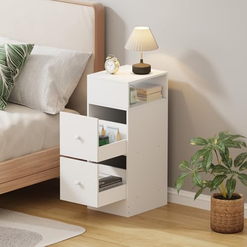 Redd Royal Slim Bedside Table Bed Side Cabinet Nightstand, Small Narrow Wood Side Table Sofa Table with Drawers and Shlef for Bedroom Living Room (White)