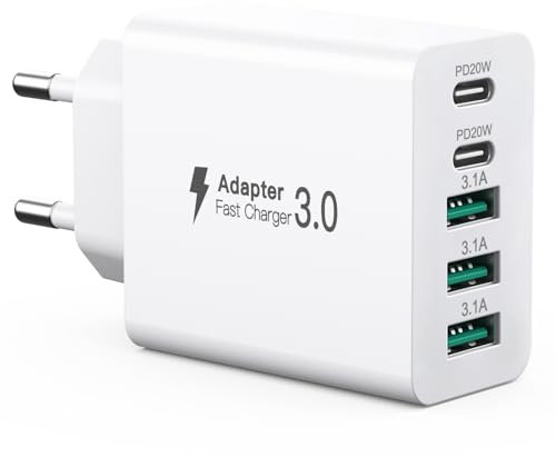 USB C Ladegerät 50W, 5 Ports Mehrfach Stecker mit【2 USB-C und 3 USB-A】, 50W USB-A Netzteil Wand-Ladegerät, Fast Charge PD 3.0 Power Adapter Kompatibel mit iPhone 12/13/14/15/16/Samsung/Handys/Tablets